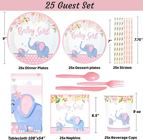 Miniatura 2 de 201 piezas de decoración de baby shower de elefante rosa para niña, suministros florales para fiesta de cumpleaños, mantel, platos de papel