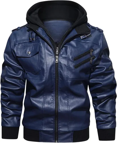 Miniatura 15 de Hood Crew - Chaqueta bomber para hombre, casual, con cuello alto, cazadora de moto, de piel sintética de poliuretano, con cremallera y capucha Marrón