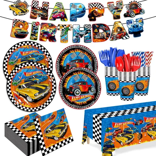 194 piezas de suministros de decoración de fiesta de cumpleaños con motivos de autos de carreras, platos, servilletas, banderines, mantel, vasos