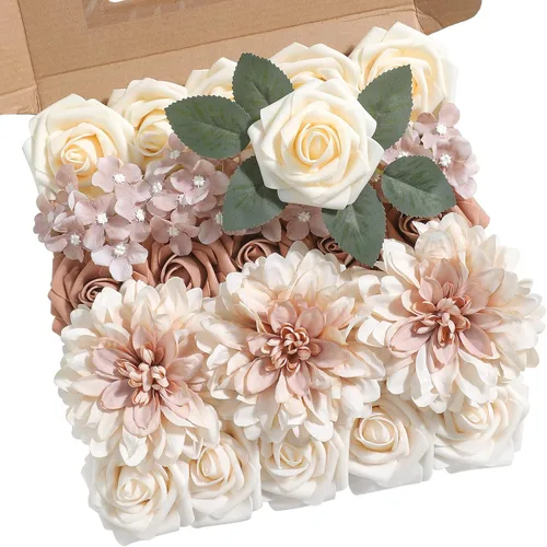 Miniatura 7 de rongflower Flores artificiales de aspecto real, color rosa polvoriento, rosas falsas de espuma con tallos, 25 piezas para bricolaje, bodas, Rosa