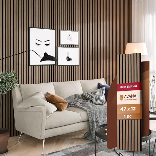 Miniatura 31 de Avana Paneles de pared de madera acústica de 94.4 x 12.6 pulgadas, 2 piezas de paneles acústicos de roble negro, paneles de pared para decoración