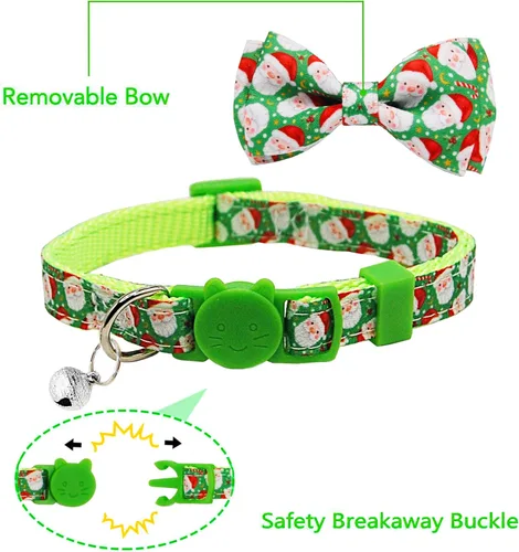 Miniatura 3 de Paquete de 2 collares de gato de Papá Noel de Navidad con patas de invierno y copo de nieve con pajarita y campana, lindo collar de gatito navideño