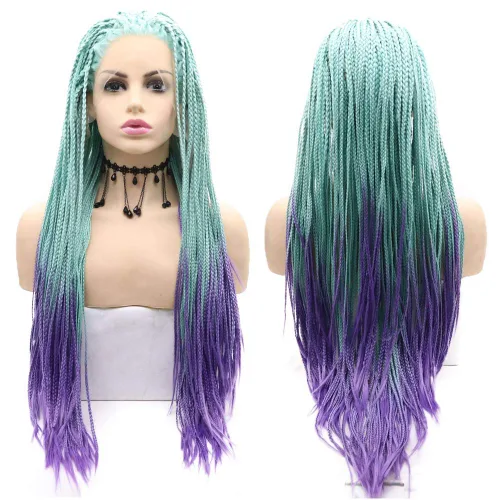 Miniatura 2 de Pelucas trenzadas azules con encaje frontal para mujeres negras, con micro trenzas trenzadas, color degradado, menta, verde, azul, morado, peluca