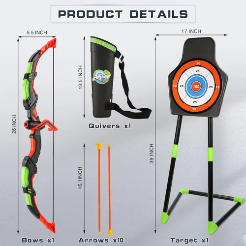 Miniatura 6 de Handwell Juego de arco y flecha para niños con luz LED, juego de tiro con 10 flechas de ventosa, juguetes para interiores y exteriores, con objetivo