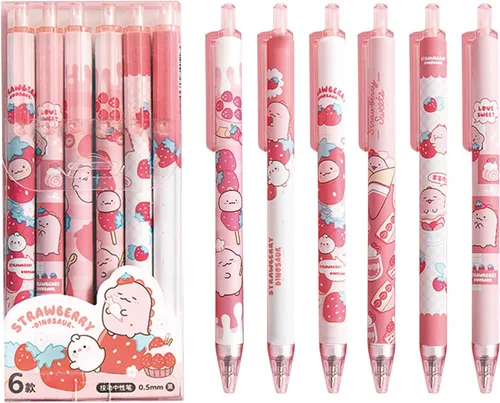 MOZXIRZ 6 bolígrafos de tinta de gel, bolígrafos retráctiles de dibujos animados, bolígrafo de 0.020 in, suministros escolares de oficina para niñas