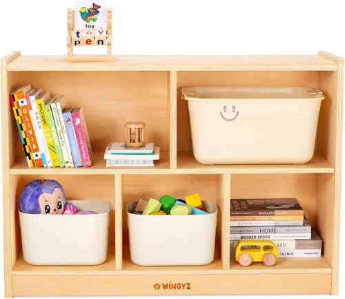 Miniatura 8 de WINGYZ Gabinete de almacenamiento de madera, estantería Montessori de 5 secciones, organizador de almacenamiento de juguetes para niños, estante
