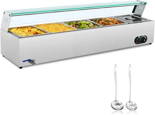 WILPREP Calentador de alimentos comercial de 5 bandejas, mesa de vapor de 50 cuartos de galón, bandeja de calentamiento eléctrico de 1200 W,