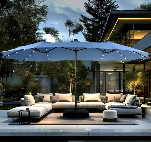 Miniatura 13 de PHI VILLA Sombrilla de patio grande de 15 pies con base y luces solares, paraguas rectangular de doble cara para exteriores con 36 luces LED, Beige