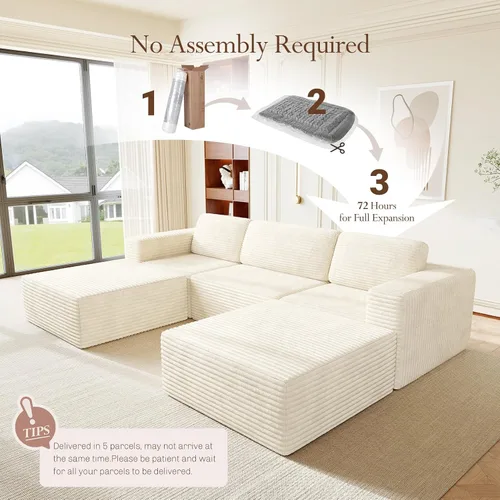 Miniatura 4 de Vesgantti Sofá modular en forma de U de 119 pulgadas, sofá modular de pana con asiento profundo y soporte de resortes, sofá convertible con 2 Beige