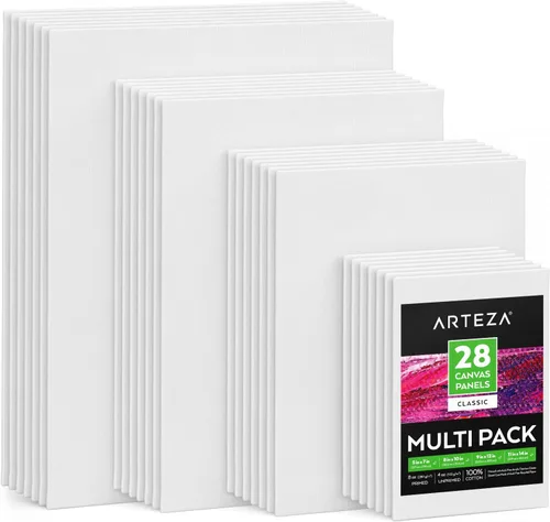 ARTEZA Paneles de lienzo para pintar, 28 piezas, 5 x 7, 8 x 10, 9 x 12, 11 x 14 pulgadas, algodón, imprimados en yeso, suministros de arte para
