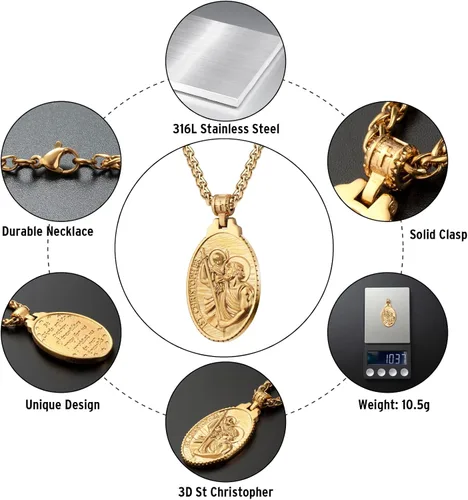Miniatura 2 de Collar de San Cristóbal/Jorge/Miguel/Jesús/María para Hombre, Medallón de Santos Patrones, Joyería de Acero Inoxidable