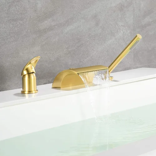Miniatura 4 de sumerain Grifo de bañera romana de 3 agujeros con ducha de mano, llenador de bañera de cascada de una sola manija de alto flujo con acabado dorado