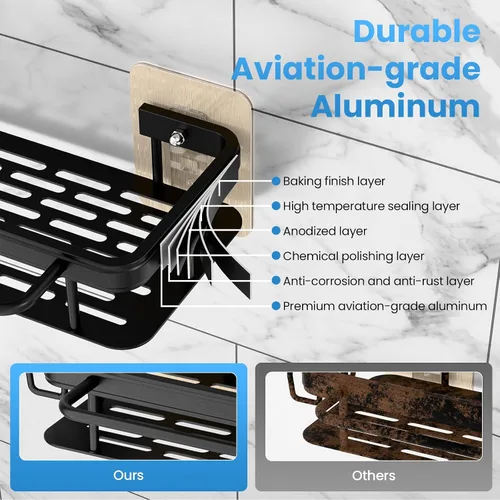Miniatura 5 de Paquete de 2 organizadores de ducha adhesivos, estantes de ducha de aluminio negro inoxidable con barras de toalla y ganchos, organizadores de baño