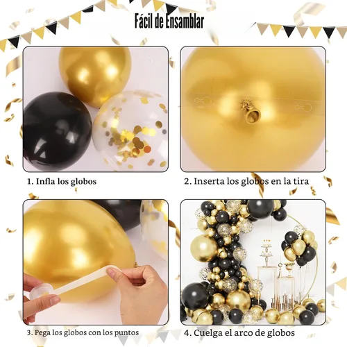 Miniatura 4 de RUBFAC Globos negros y dorados, decoraciones de graduación 2026, 130 piezas de globos de confeti de metal negro dorado y metálico, kit de arco
