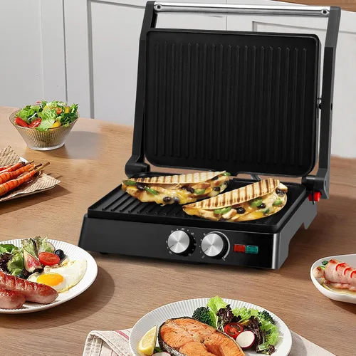 Miniatura 7 de SUSTEAS Panini Press Sandwichera y parrilla eléctrica para interiores con ajuste de temperatura y tiempo, rejillas antiadherentes fáciles
