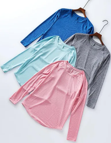 Miniatura 7 de Paquete de 4 camisetas de manga larga para mujer con agujeros para el pulgar, camisas de entrenamiento atlético, camisetas de cuello redondo