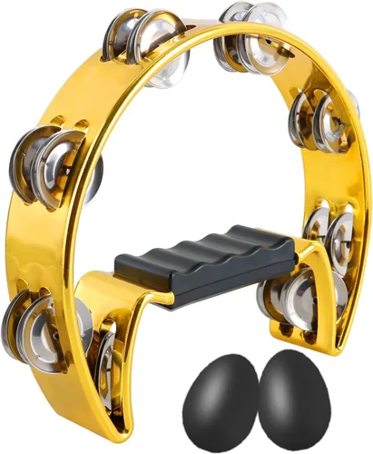 Miniatura 9 de EASTROCK - Pandereta de música, instrumento de percusión de fila única, campana de metal con flores, pandereta de mano, tambor de mano de metal