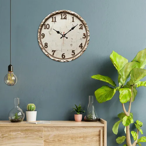 Miniatura 2 de Reloj de pared de madera envejecida blanco vintage con números tallados 9.8x9.8 in