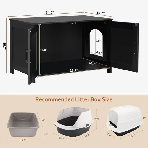 Miniatura 6 de Caja de arena para gatos Homhedy, mueble de baño de madera para gatos con puerta de granero, casa para mascotas, se adapta a la mayoría de las cajas