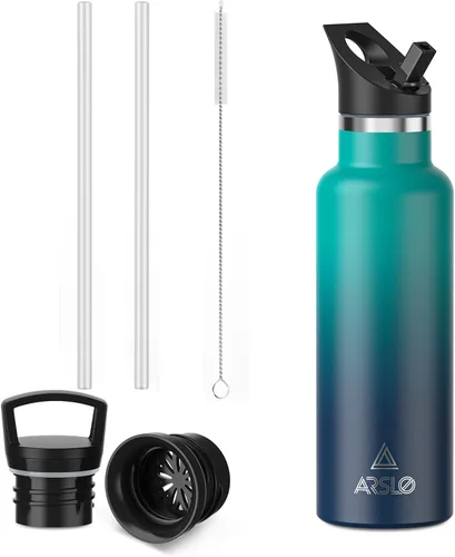 Miniatura 27 de Botellas de agua de doble pared de acero inoxidable, botella aislada al vacío con tapa con popote, botella de agua aislada mantiene el agua fría