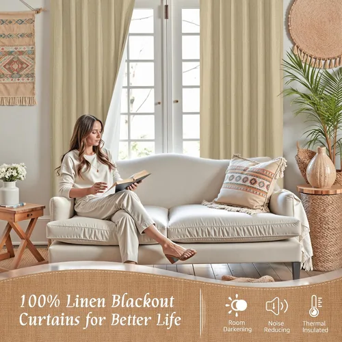 Miniatura 3 de LAMIT Cortinas de lino natural 100 % opacas para ventana, para dormitorio, 45 pulgadas, cortinas térmicas con textura de lino estilo granja