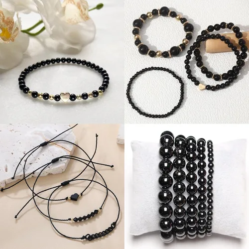 Miniatura 7 de SEMATA Juego de 1500 cuentas negras para hacer joyas, con estrellas y cuentas de corazón, cuentas redondas y poligonales acrílicas negras lisas