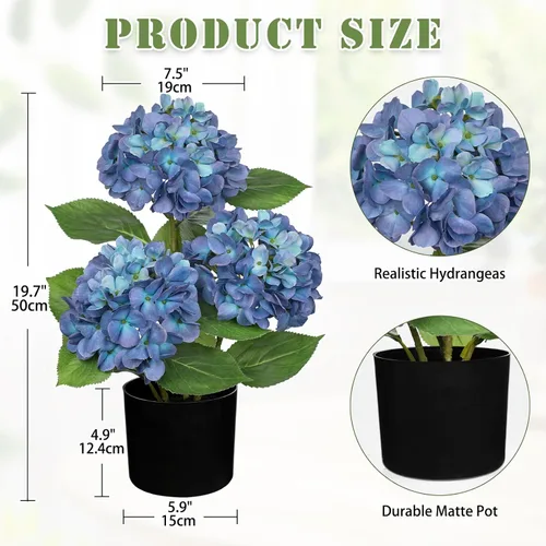 Miniatura 2 de Hollyone Flores artificiales de hortensias azules en maceta, flores grandes de seda de tres cabezas, arreglos florales falsos para interiores