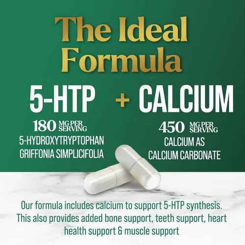 Miniatura 3 de 5 cápsulas de hidroxitriptófano – 180 mg por porción Suplemento 5 HTP más calcio para la salud cerebral y apoyo al sueño, fórmula extra fuerte