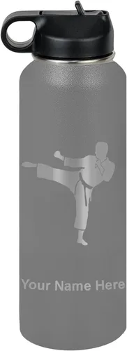 Miniatura 11 de Botella de agua personalizada LaserGram, Karate Man, de acero inoxidable con doble pared aislada al vacío con tapa abatible, regalo personalizado