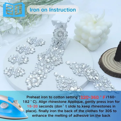 Miniatura 7 de PEARLY JUN 11 piezas de parches de diamantes de imitación plateados con diamantes de imitación de perlas, apliques para planchar para vestidos