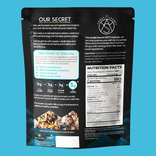 Miniatura 2 de Andes Secret Granola en polvo de espirulina – Almendras, nueces y avellanas – Granola Keto alta en proteínas sin azúcar, granos y gluten – 11 oz