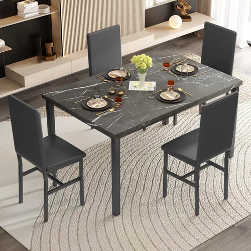 Miniatura 8 de Juego de mesa de comedor para 4, juego de comedor de mármol sintético de 5 piezas, 4 sillas tapizadas de poliuretano, muebles de mesa de cocina Negro