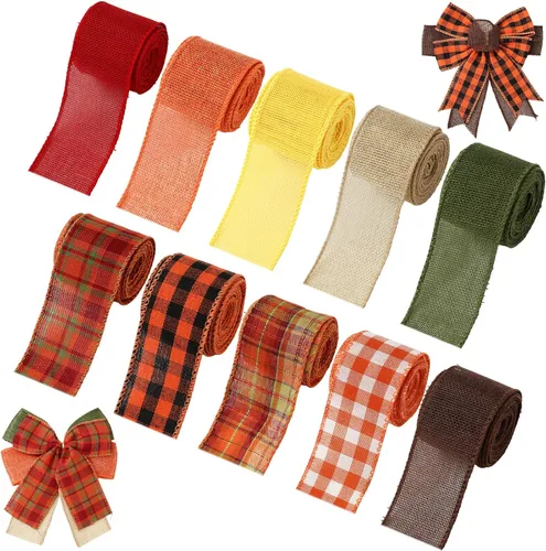 Miniatura 8 de Whaline 10 rollos de cinta de arpillera a cuadros de otoño de 50 yardas de 1 pulgada de cinta decorativa para otoño, Acción de Gracias