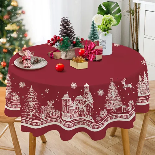 Miniatura 6 de Mantel redondo de Navidad de 60 x 60 pulgadas, mantel de Navidad con diseño de árbol de Navidad, alce, Papá Noel, copo de nieve, color rojo, Navidad