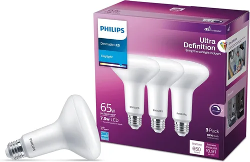Miniatura 10 de PHILIPS Bombilla LED 65W BR30 Paquete de 4 Ultra Definición (2200K) 650 Lúmenes (7.5W = 65W) Bombillas regulables esmeriladas libres de parpadeo