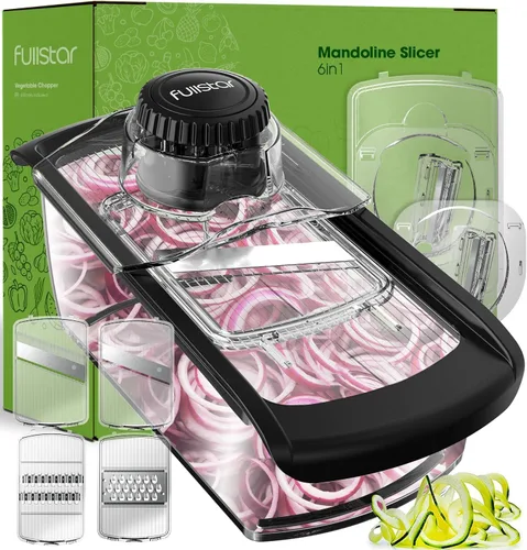 Fullstar Cortador de mandolina para cocina, cortador de frutas, rallador de queso, rebanador de pepino, espiralizador de verduras, cortador de