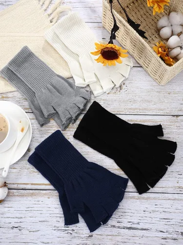 Miniatura 7 de SATINIOR 4 pares de guantes largos de medio dedo sin dedos para niños, de punto con brazo de invierno, guantes de medio dedo para niños