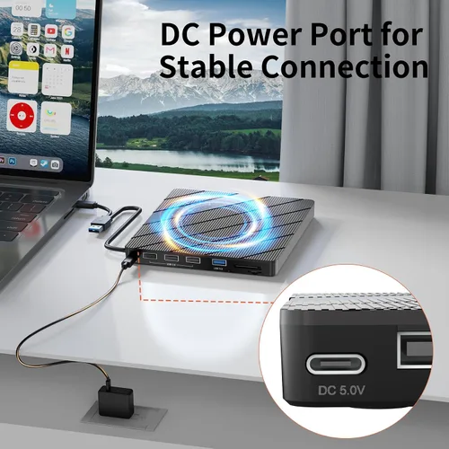 Miniatura 7 de Alxum Unidad externa de CD y DVD para portátil, 8 en 1, grabadora regrabadora de CD y DVD portátil con múltiples puertos, compatible con velocidad