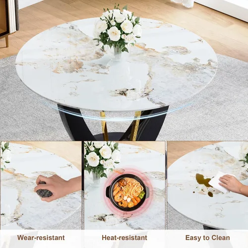 Miniatura 3 de Juego de mesa de comedor redonda para 4, mesa moderna de 48" con tapa de mármol sintético falso y pedestal brillante negro, juego de mesa de cocina