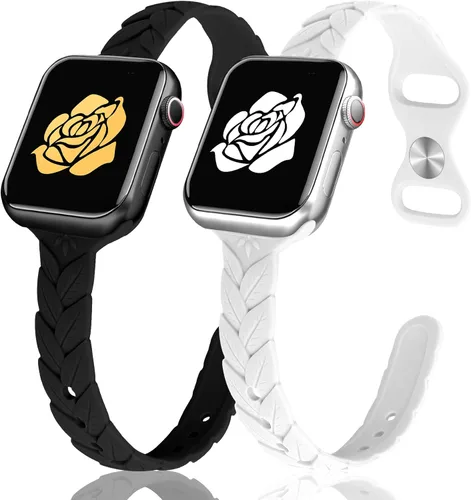 JR.DM - Paquete de 2 bandas de silicona grabadas compatibles con Apple Watch de 38/40/41/42/44/45/46/49 mm, correa delgada y femenina de hoja