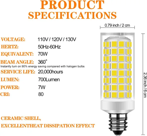 Miniatura 3 de Bombilla LED E11 de 5 W, equivalente a 50 W, luces halógenas de repuesto, mini base de candelabro AC110-130V, sustituye a 75t4q/ev/mc T4/T3 JD e11