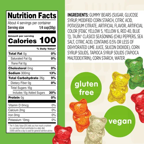 Miniatura 2 de Snak Club Tajin Osos Gomos de Gummy Bears, Gomitas de Fruta Surtidas con Condimento de Chile y Lima, Snacks Suaves, Sin Gluten y Veganos, Bolsas