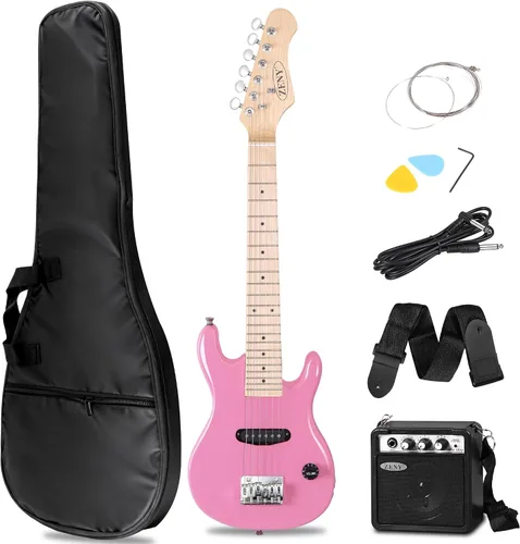 ZENY Guitarra eléctrica para niños de 30 pulgadas con amplificador de 5 W, bolsa de concierto, correa, cable, cuerdas y púas, kit de accesorios Rosa