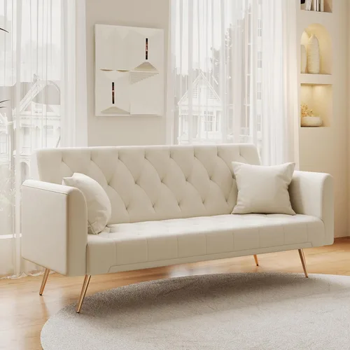 Miniatura 3 de Anwick - Sofá cama futón de terciopelo moderno con 2 almohadas, sofá cama convertible 2 en 1, sofá biplaza reclinable plegable con patas de metal
