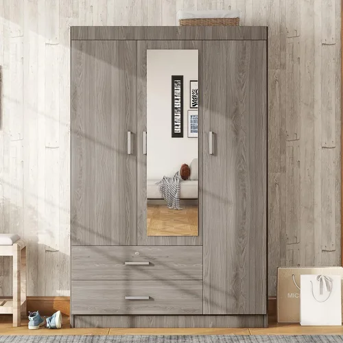 Miniatura 4 de Armario de madera de 68.2 pulgadas de alto con espejo, moderno armario independiente de madera con 3 puertas y cajones de bloqueo, armario