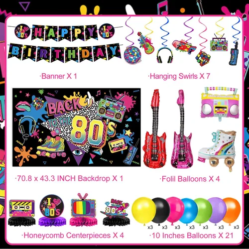 Miniatura 2 de Decoraciones de fiesta de los años 80, suministros para fiesta de cumpleaños de los 80, incluye telón de fondo, pancarta, espirales colgantes