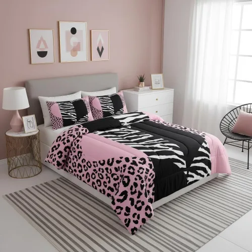 Miniatura 2 de Castle Fairy Juego de edredón con estampado de leopardo rosa y negro, juego de colcha de retazos de piel de cebra, tamaño King, para niños, niñas