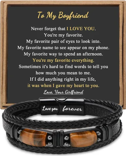 Miniatura 21 de Regalos únicos para hombres, pulsera de cuero para hombres, papá, novio, hijo, nieto, hermano, te amo para siempre, piedra ojo de tigre, día