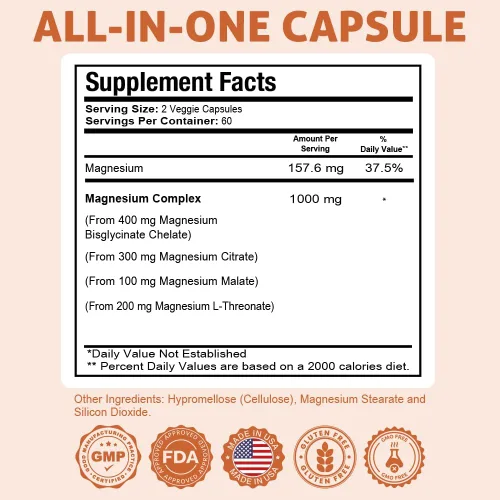 Miniatura 3 de Health Dose Triple Magnesium Complex 1000 mg Mezcla de L-treonato, bisglicinato, citrato y malato Apoyo para la relajación muscular, el sueño