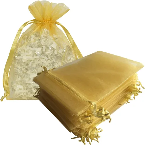 Bolsas de regalo de organza, 50 unidades con cordón de 4 x 6 pulgadas, color dorado para baby shower, cumpleaños de niña, recuerdos de fiesta, boda,